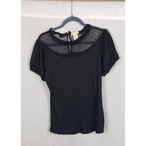 Emi & Joe Blouse M Black Sheer Swiss Dot Mesh Yoke WhimsiGoth Dark Fairy Witchy‎